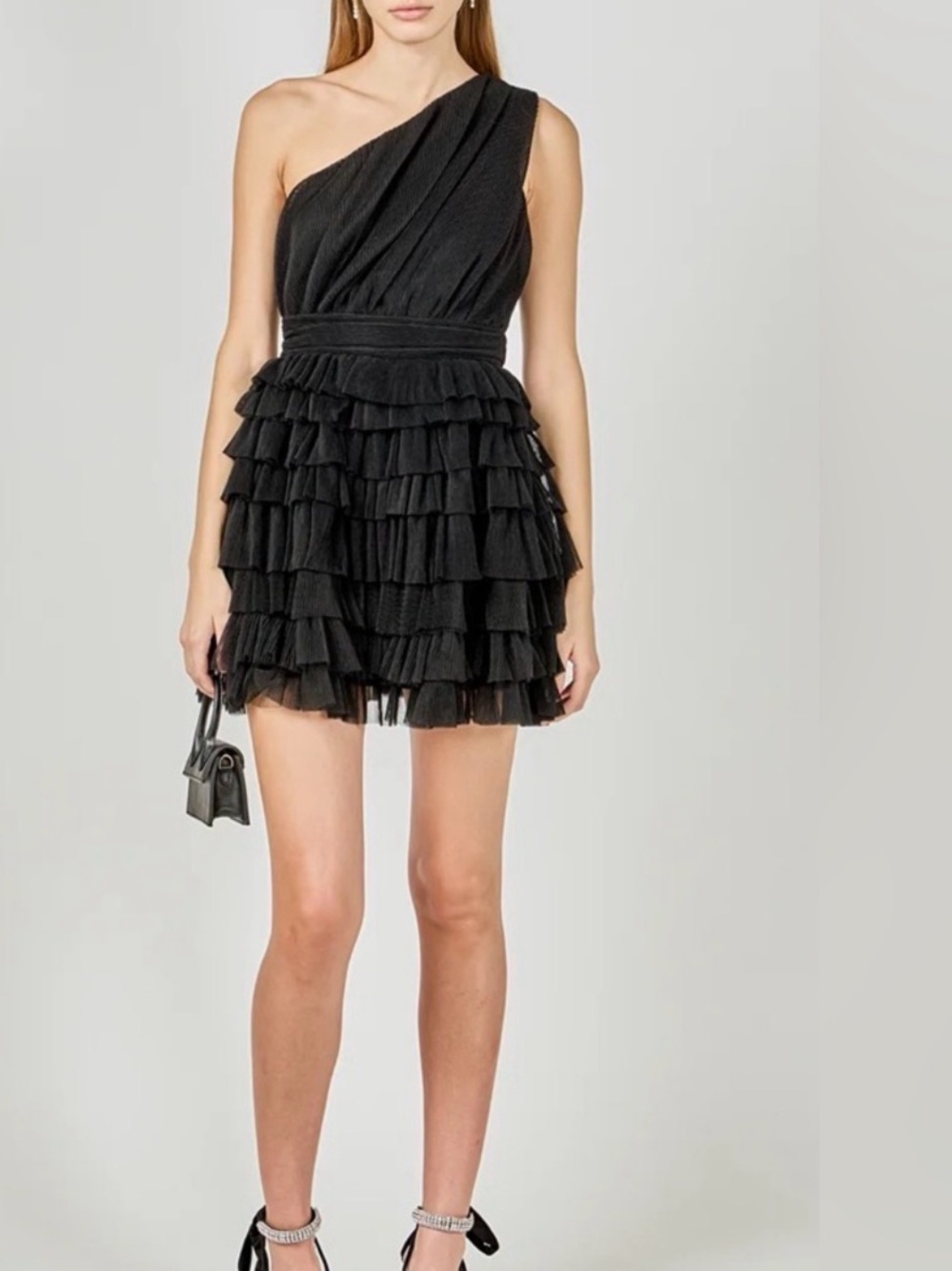 Endless Rose One Shoulder Tiered Tulle Black Mini Dress, Size Small.